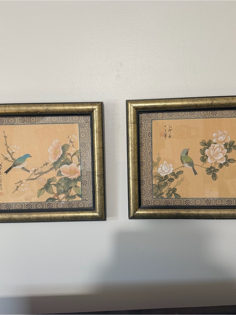 Set of 2 Vintage Chinese watercolor on silk framed with red seal mark and signed